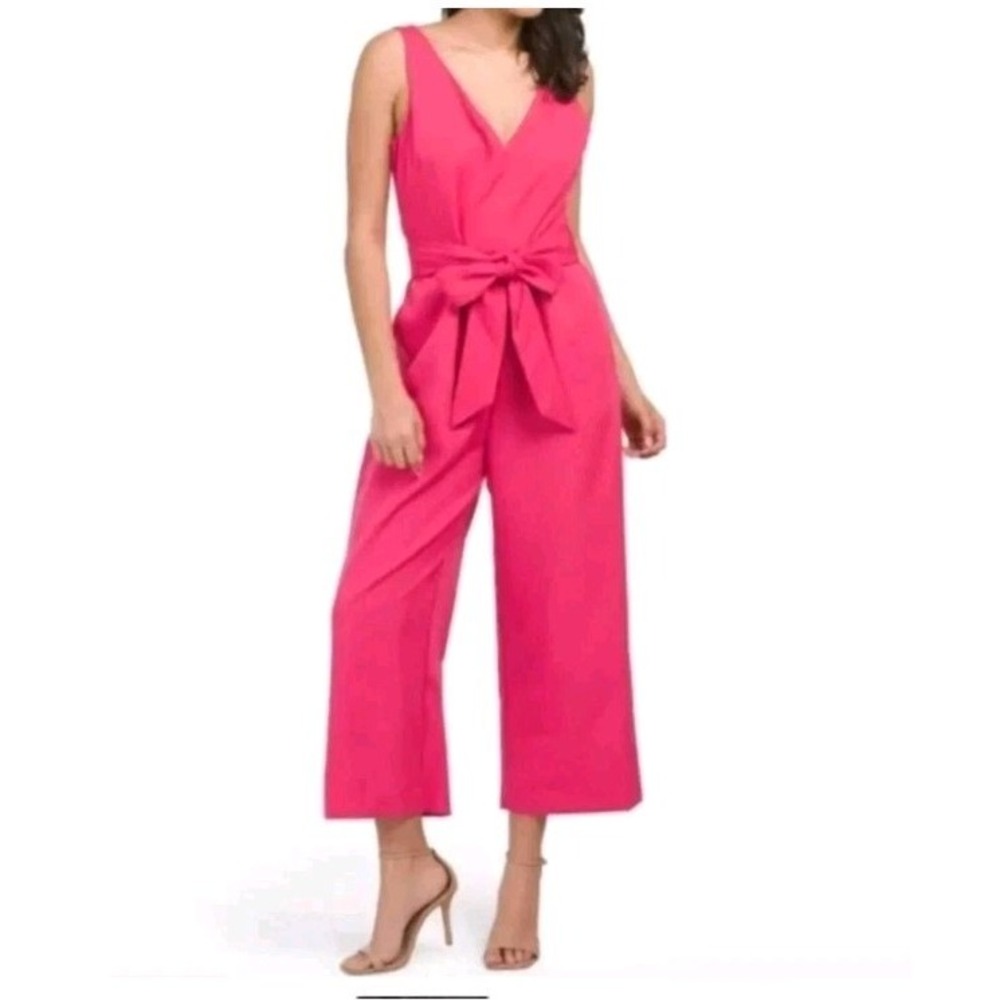 Sam Edelman Hot‎ Pink Crop Jumpsuit V-Neck Tie Waist Wide Leg Culotte Size 10